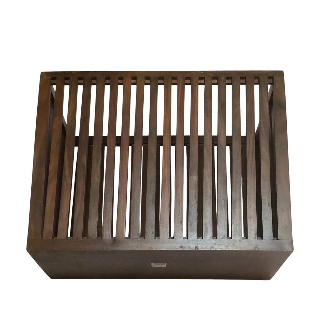 Mid Century Modern Slatted Wood Magazine Holder Floor Rack Dark Brown Heavy